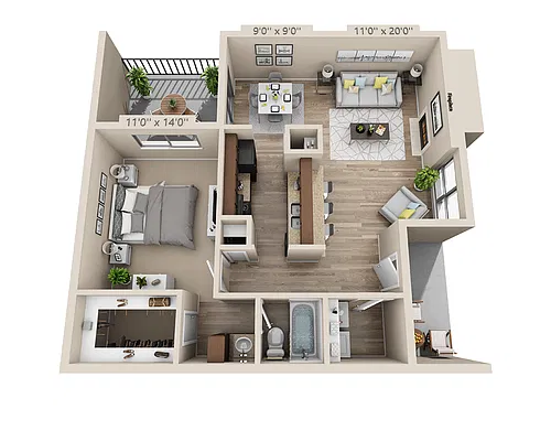 Floor plan One Bedroom A1DRW