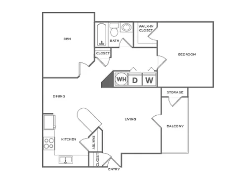 Floor plan One Bedroom One Bath (880 SF)