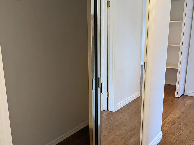 Mirrored hall closet. Additional shelved closet in back.