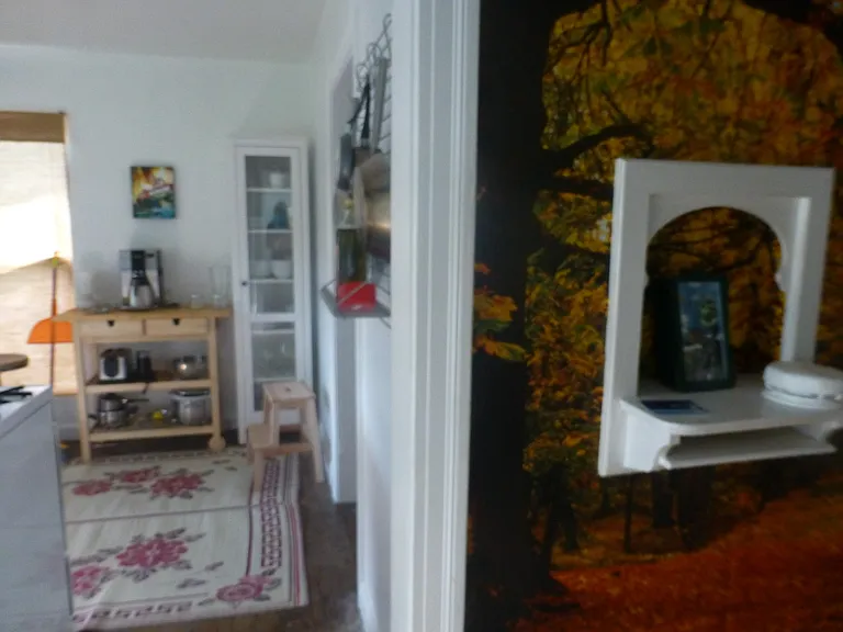 Groovy old built-in phone table with slot for your telephone book. Autumnal wall mural for all the good vibes.