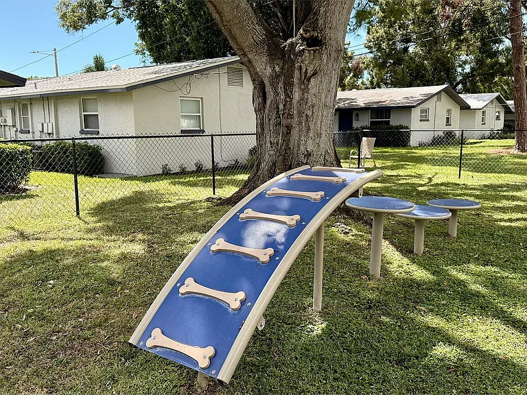 Inviting pet-friendly outdoor space featuring charming agility equipment, shaded by lush trees, nestled in a serene residential setting.