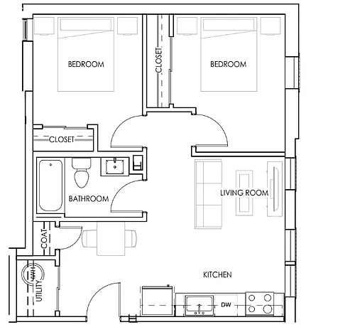 Floor plan Two Bedroom One Bath Deluxe