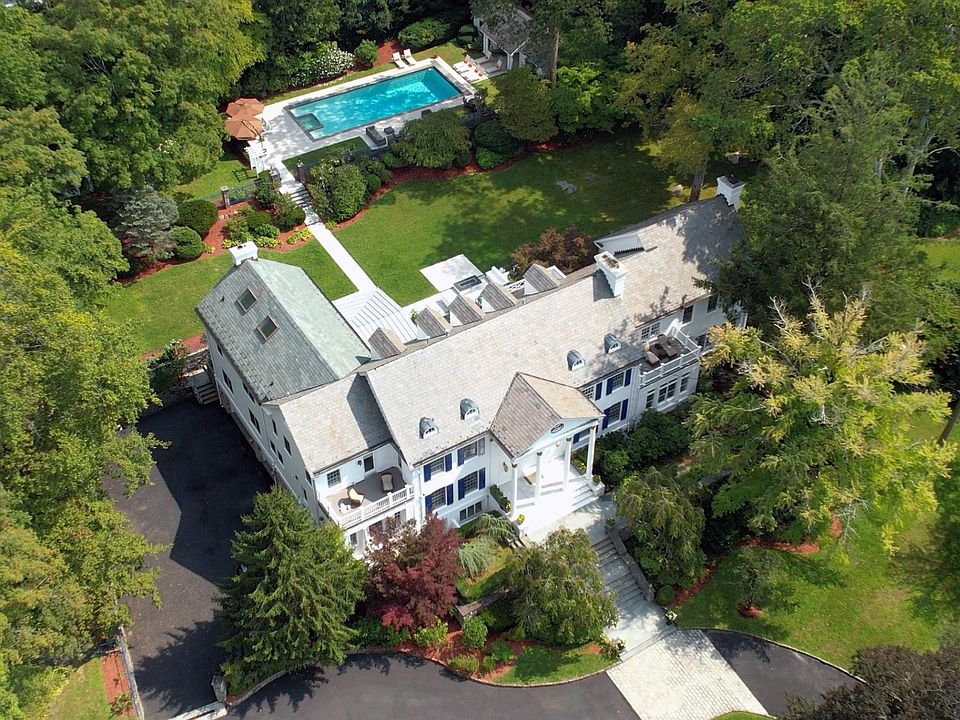 Aerial view of this magnificent estate nestled in Scarsdale's coveted Murray Hill estate neighborhood.