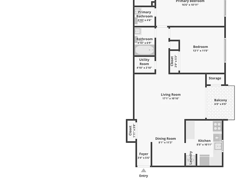 2BR, 1.5BA - 939SF - Floorplan