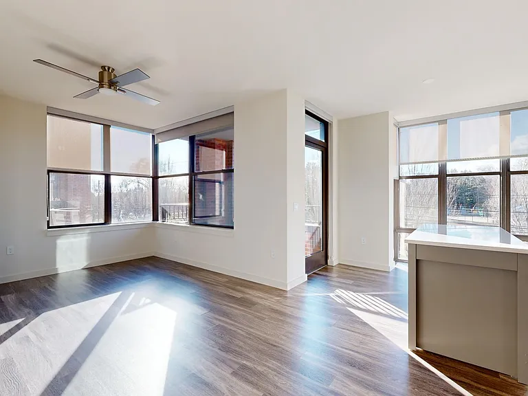 Apartment living room with wood-style flooring.