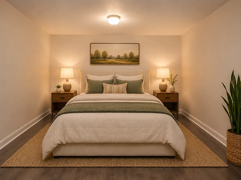Bedroom "staged" to represent spacing