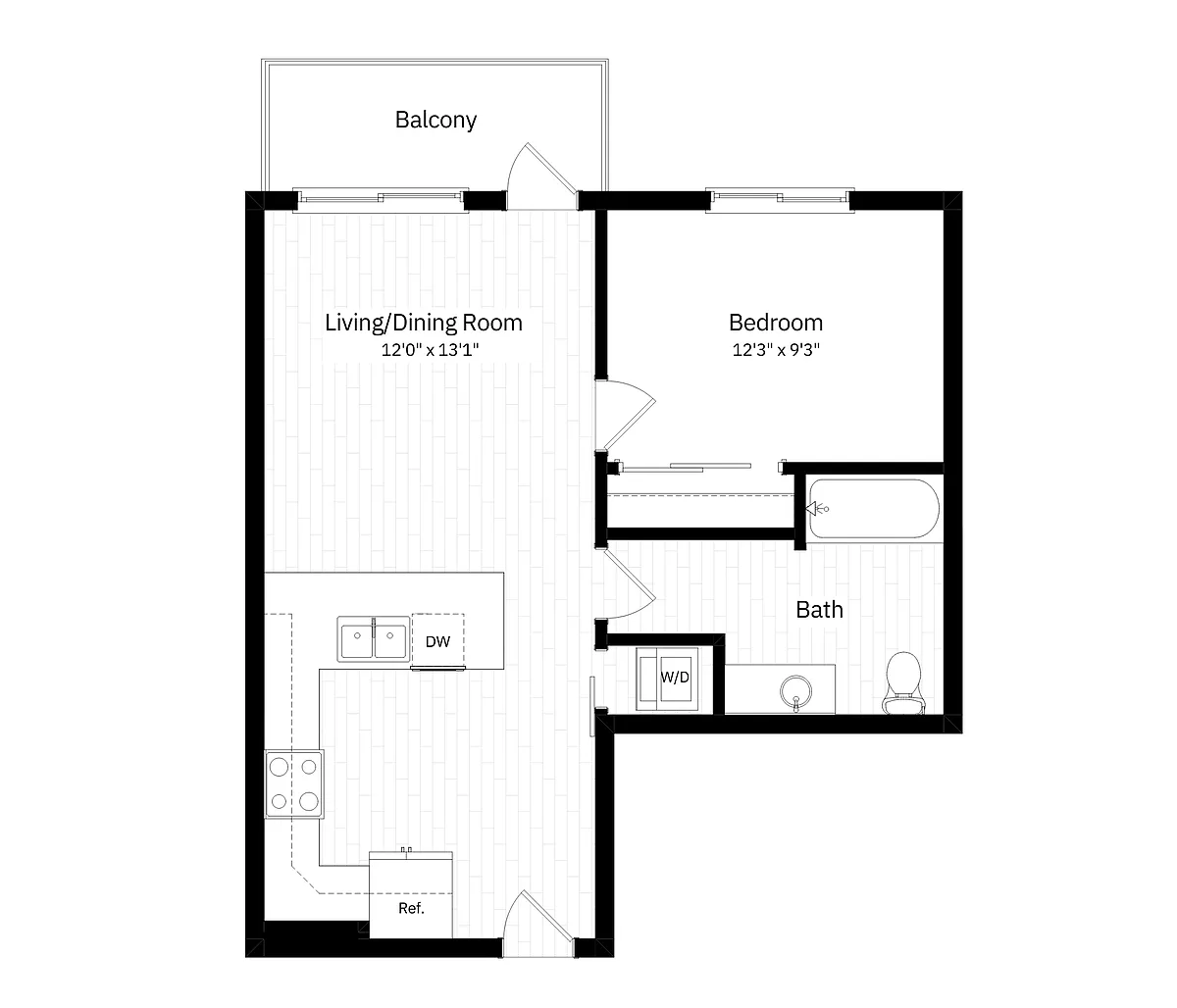 Floor plan 1x1 - 605 sqft - A2