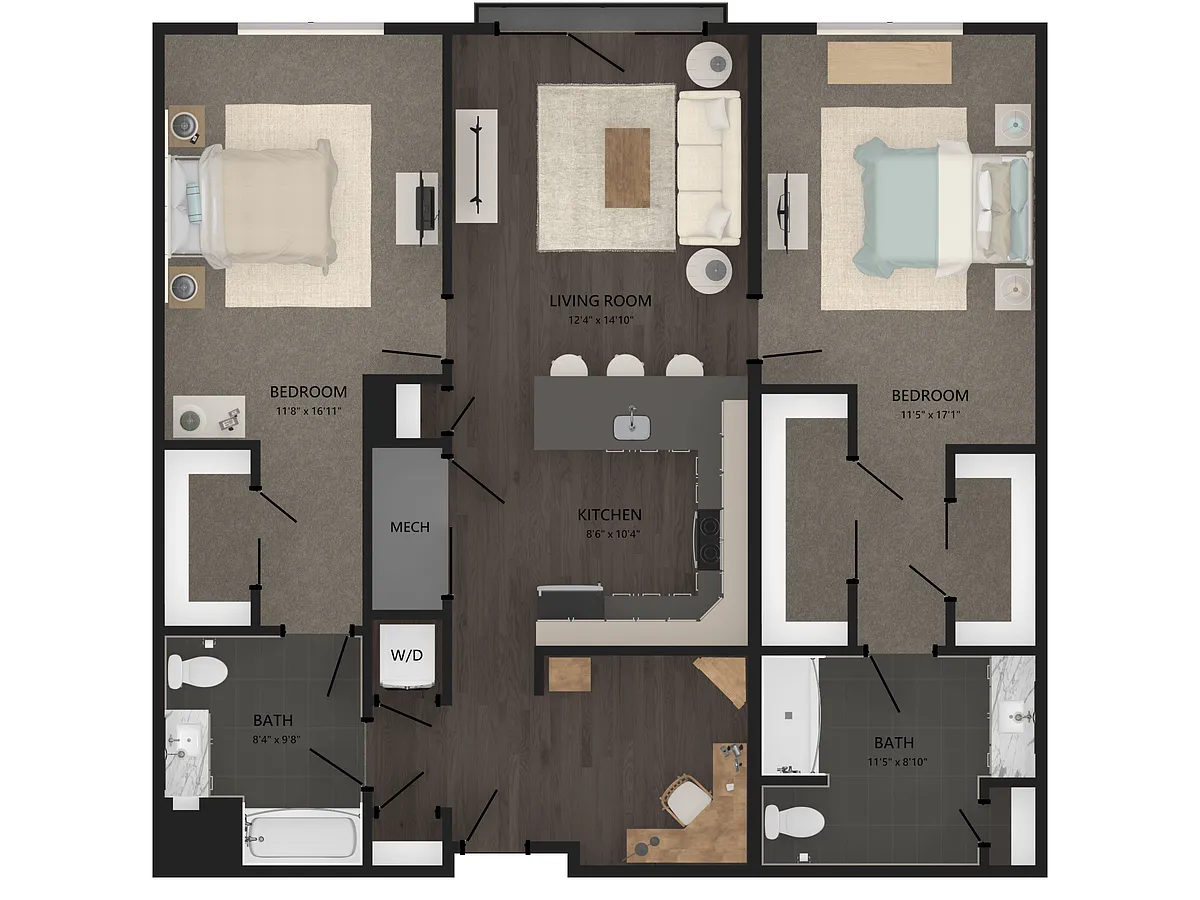 Floor plan 2 Bed/2 Bath Den-B1D