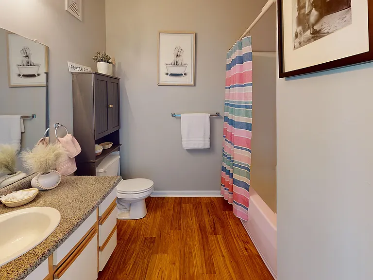 A bright, comfortable bathroom with a roomy vanity and a classic shower/tub combination.