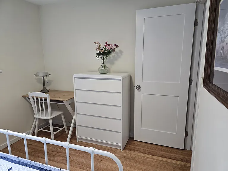 Upper Level | Bedroom 2 | Queen | Desk | 1 large closet with shelf | Room-darkening curtains