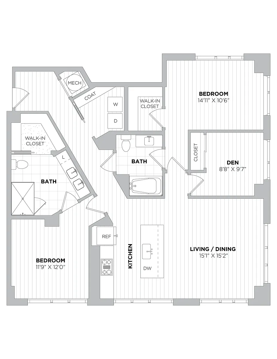 Floor plan 2 Bed/2 Bath Den-2E