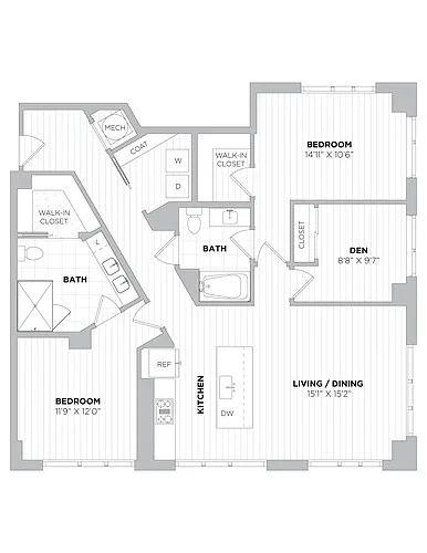 Floor plan 2 Bed/2 Bath Den-2E