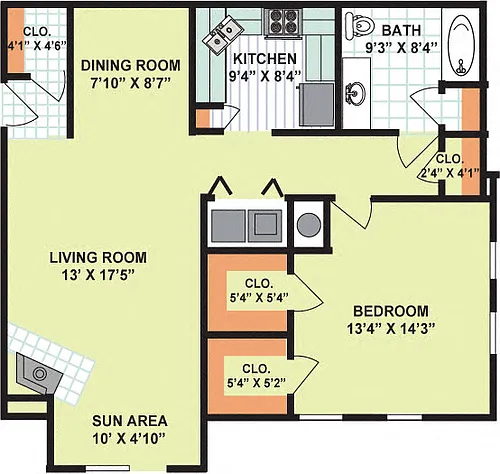 Floor plan One Bedroom One Bath (970 - 976 Square Feet)