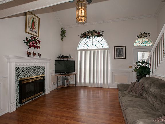 Fireplace and large windows