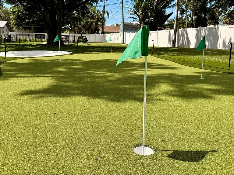Charming backyard putting green with lush artificial grass and green flags, perfect for golf enthusiasts seeking outdoor leisure.
