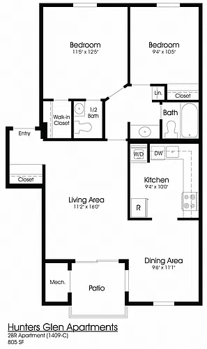 Floor plan 2BR 1.5BA (805sf)
