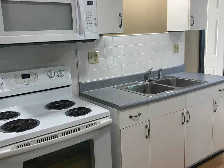 Kitchen range/oven, microwave and sink