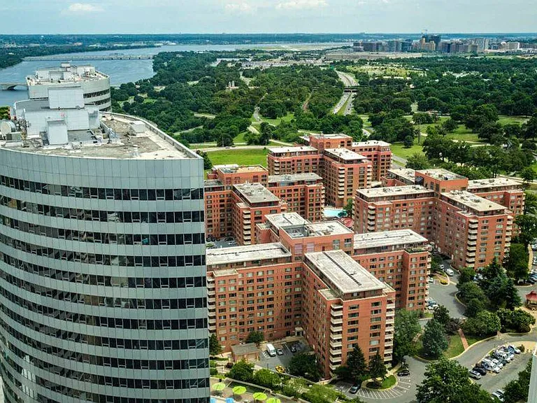 Looking down on the brick buildings of the River Place Complex.