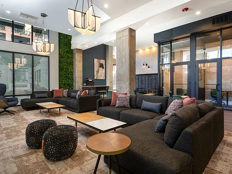 New café includes banquette and couch seating as well as printer access