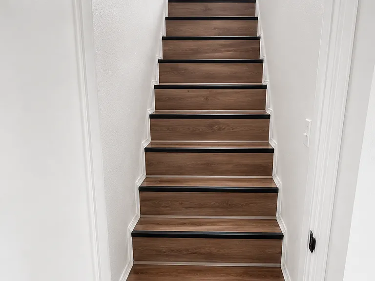 Updated staircase leading to the finished upper-level bonus space.