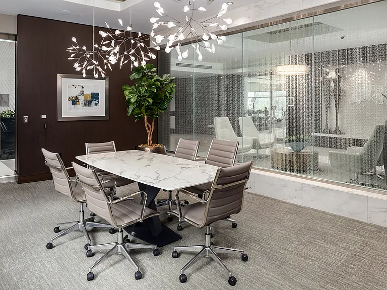 Elegant Business Meeting Room with Designer Chairs and Marble Top Table