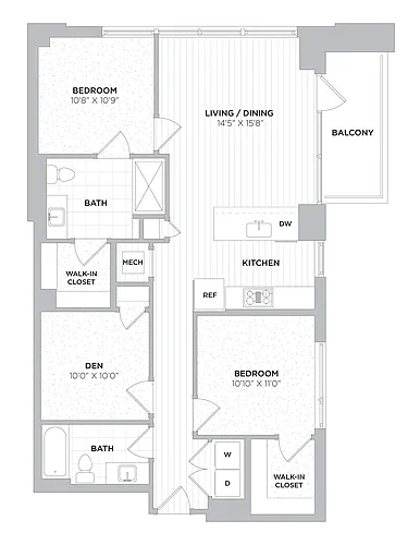 Floor plan 2 Bed/2 Bath Den-D1A