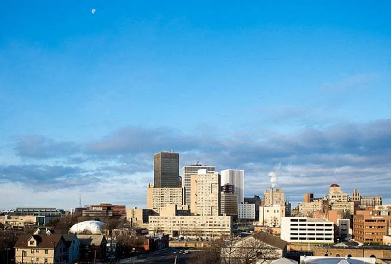 Typical Rochester city skyline view from west-facing 4th floor apartments