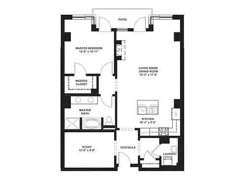 Floor plan 1 Bed 1 Bath with Den