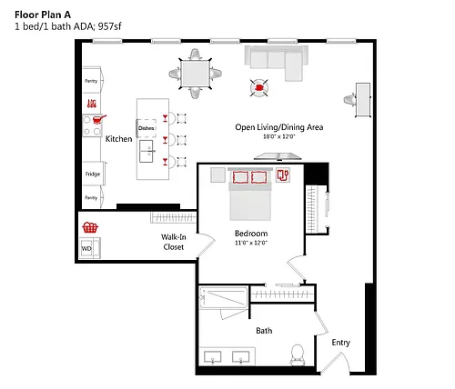 Floor plan 1 BED/ 1 BATH - 957 S/F (A) H/A