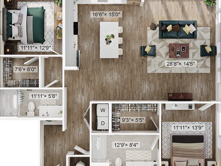 Explore this elegant apartment layout featuring a large living area and stylish bedrooms. Explore this elegant apartment layout featuring a large living area and stylish bedrooms.