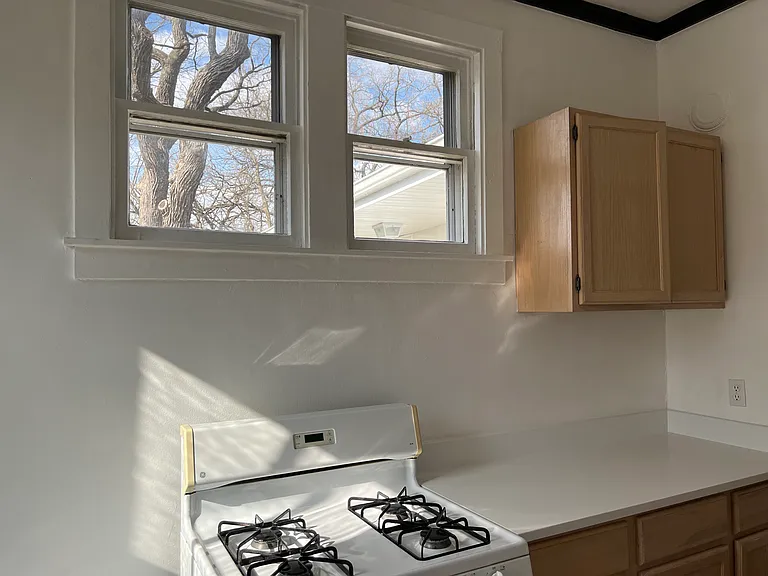 NEW white Quartz countertop.
2- North facing kitchen windows.
Wood cabinets.