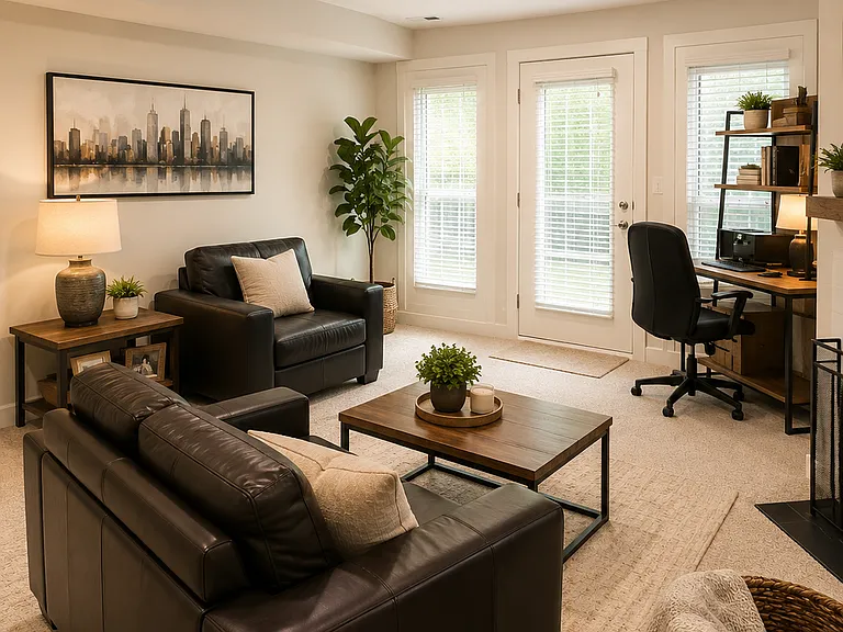Downstairs area includes walk out front patio on treelined one way street.