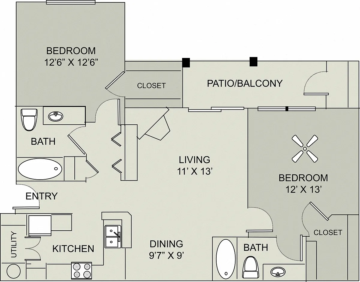 Floor plan 2 Bed Danbury Renovated