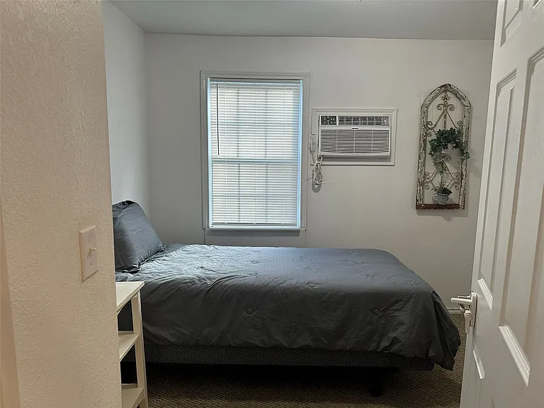 Bedroom with light-colored walls and carpeted flooring