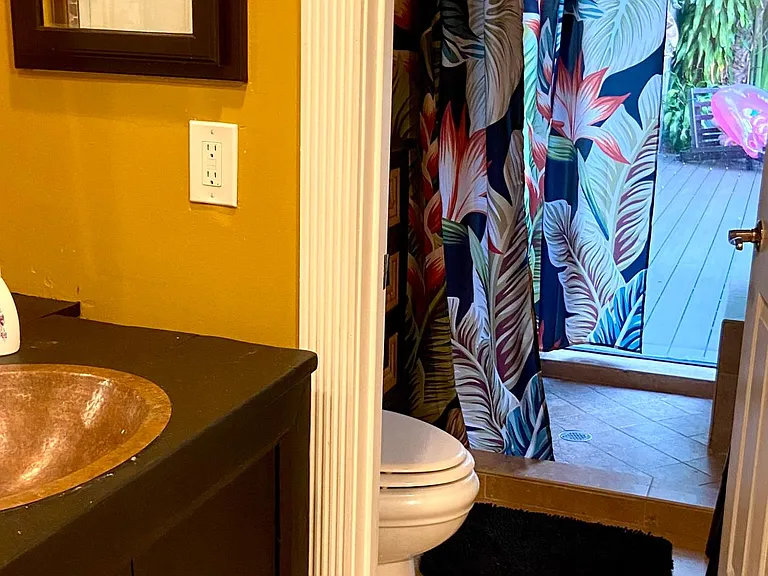 Master room bath vanity toilet shower and view of outside
