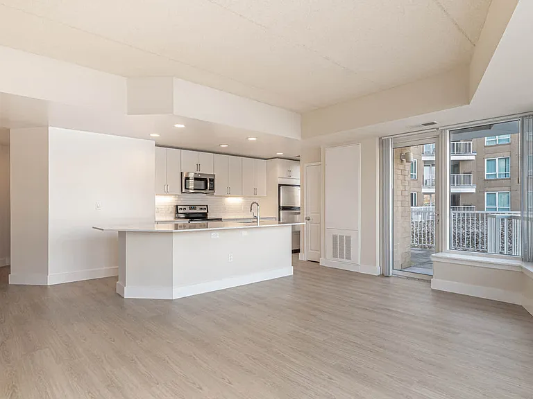Kitchen and Living Room with Hard Surface Flooring and Wall-to-wall Windows