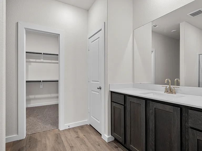 The master bathroom has a sprawling vanity.