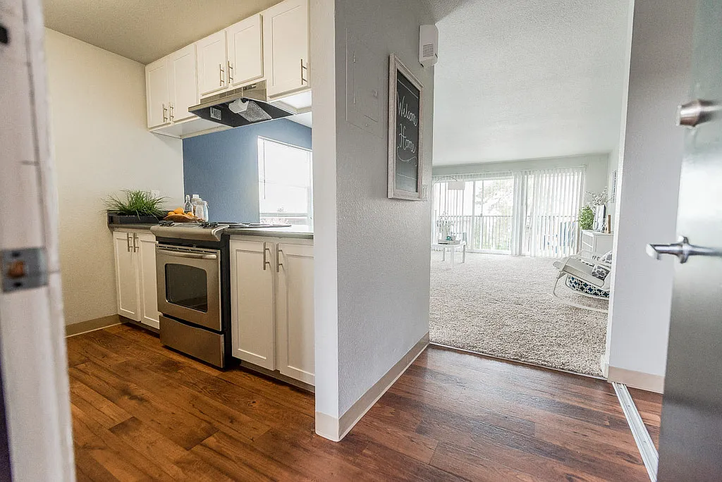 Renton Apartments - The Aviator Apartments - Entryway, Kitchen, and Living Room - The Aviator Apartments