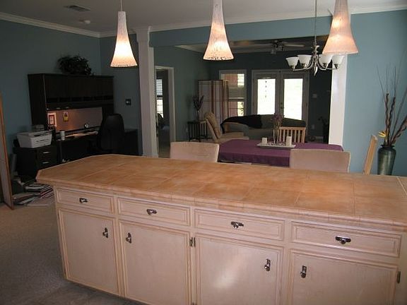 View from kitchen to dining and great room