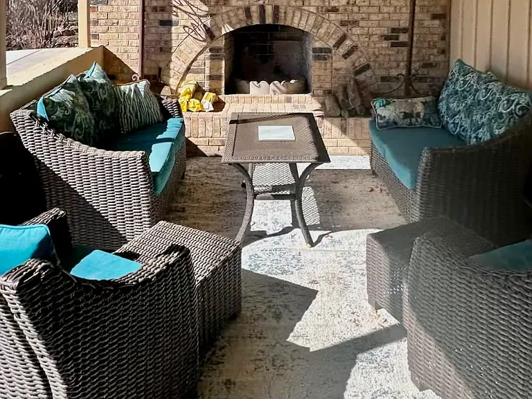 Covered patio with ample seating.
