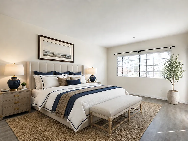 Master bedroom opens onto a private balcony 
(Virtually staged)