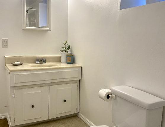 Bathroom sink, vanity mirror, and toilet.