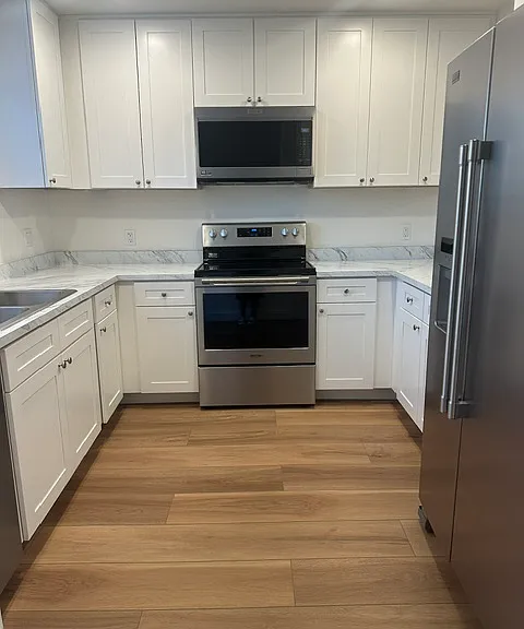 Beautifully renovated kitchen featuring brand-new cabinetry, stainless steel appliances, modern lighting, and durable luxury flooring