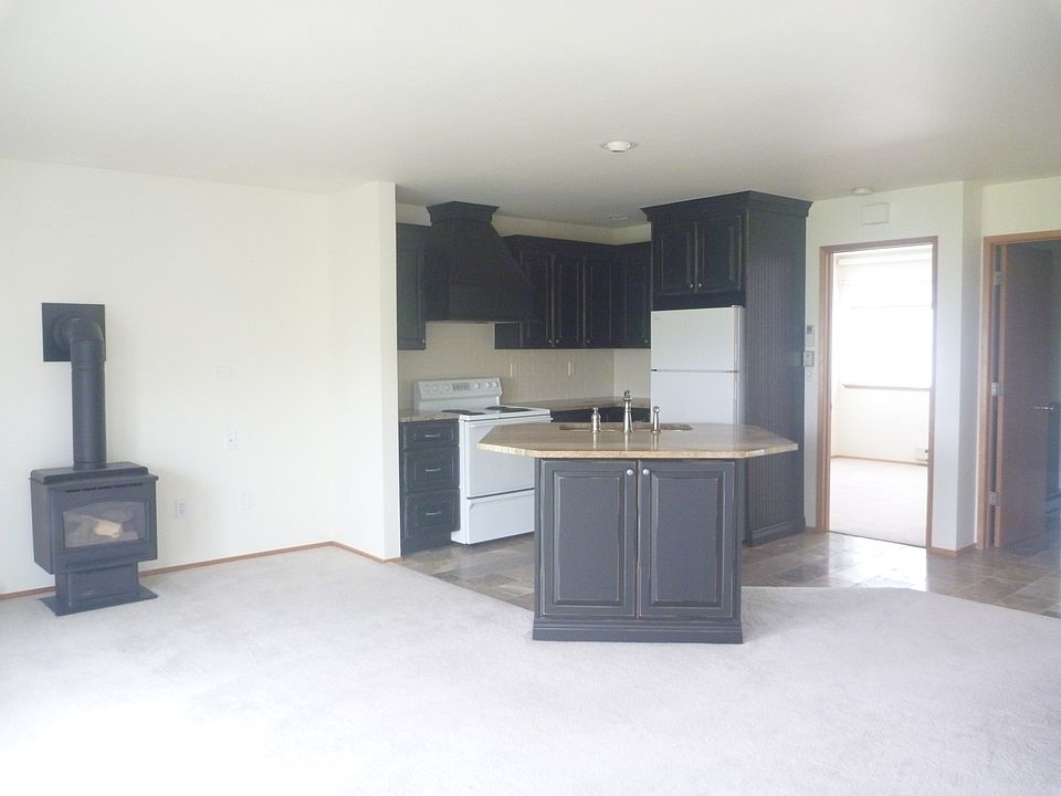 Gas fireplace, open living space