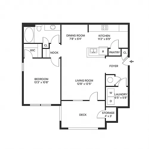 Floor plan 1BR 1BA (751 SF)
