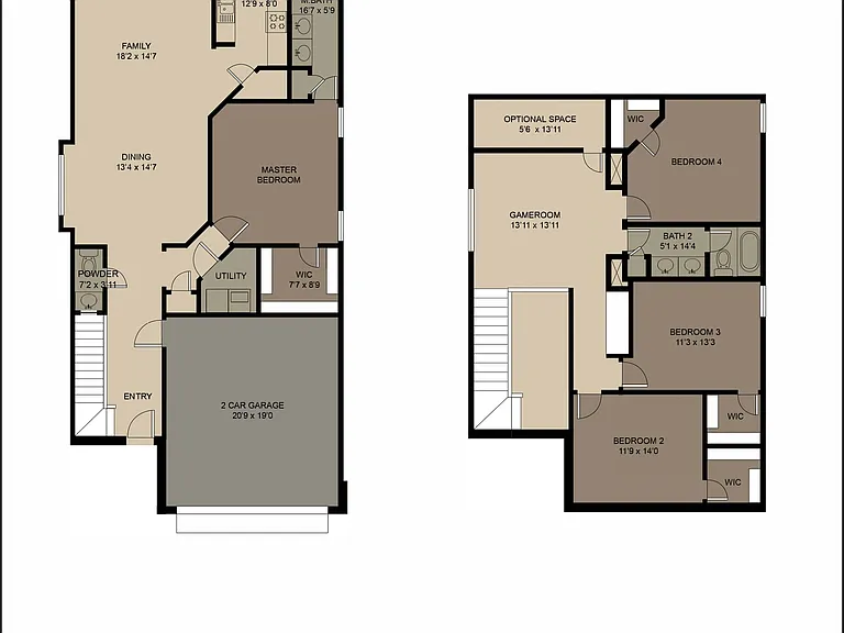The Fairhaven floor plan showcasing a spacious two-story design with 4 bedrooms, a gameroom, and a large family area, perfect for entertaining. The Fairhaven floor plan showcasing a spacious two-story design with 4 bedrooms, a gameroom, and a large family