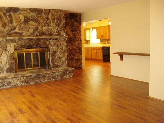 View from the front door.  Fireplace in living room.  Open floor plan 