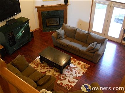 Great room viewed from loft above, french doors to rear patio
