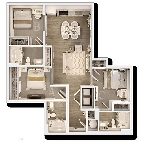 Floor plan Three Bedroom D - IU Bloomington 2027 - 2028