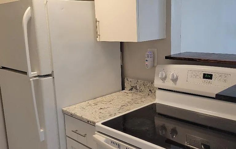 Appliance side of kitchen with refrigerator, stove, cabinets & breakfast bar.